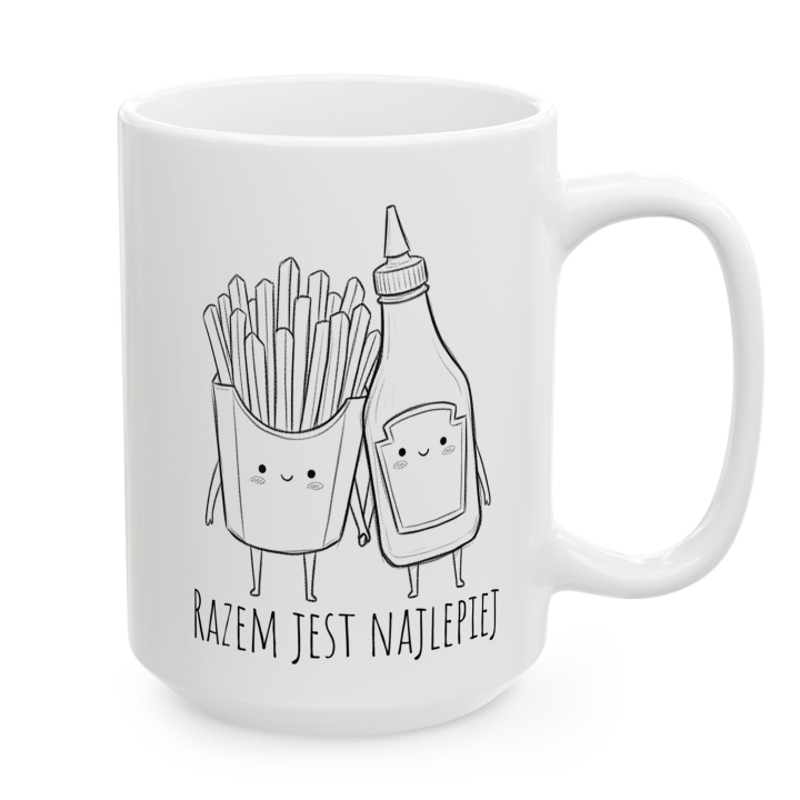 Kubek z napisem „Razem jest najlepiej” – frytki i ketchup