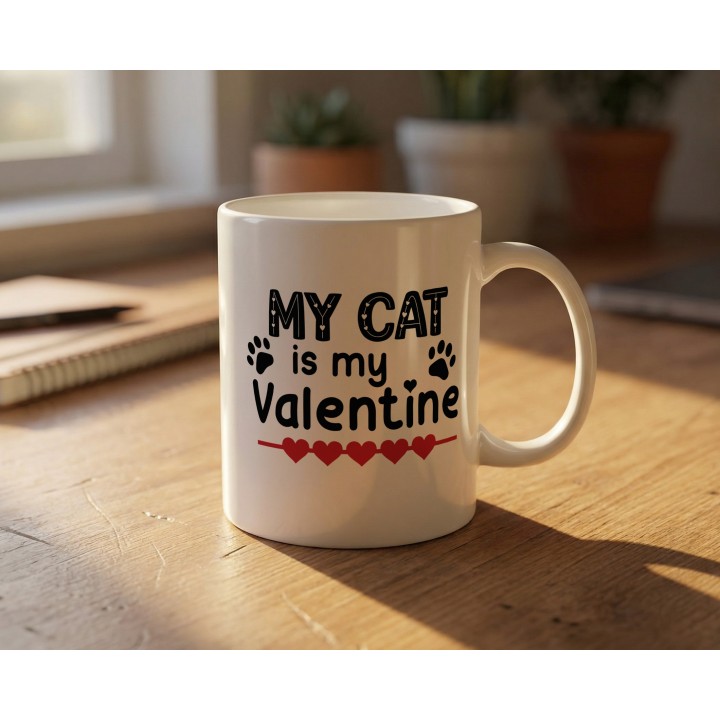 Kubek „My Cat is my Valentine” – walentynkowy kubek dla kociary z łapkami i sercami