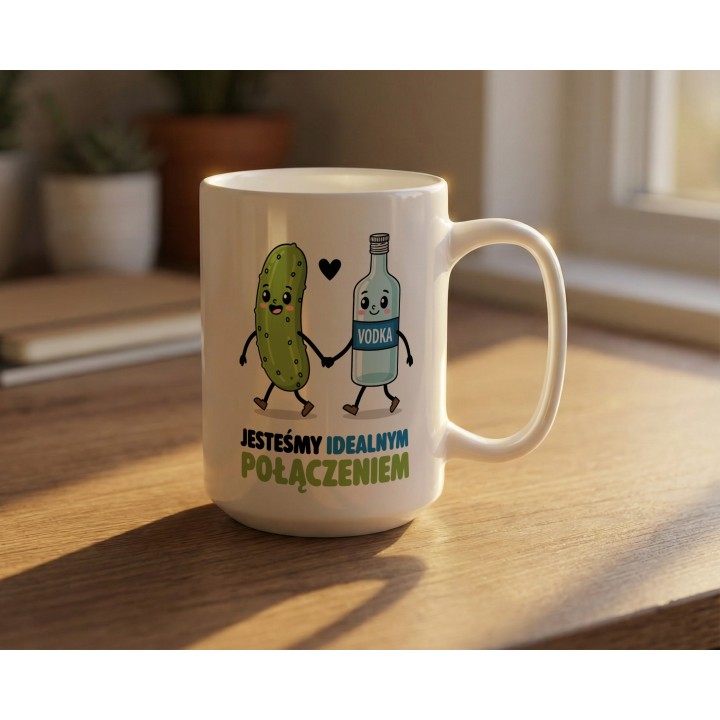 Kubek z nadrukiem „Jesteśmy idealnym połączeniem” – ogórek i wódka, śmieszny prezent