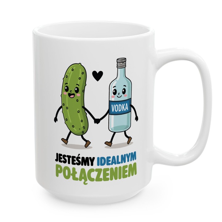Kubek z nadrukiem „Jesteśmy idealnym połączeniem” – ogórek i wódka, śmieszny prezent