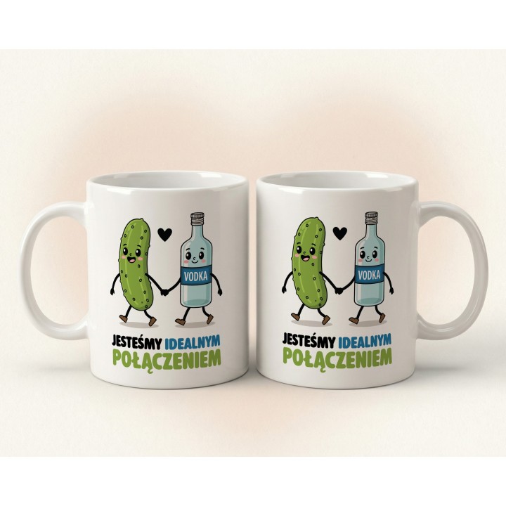 Kubek z nadrukiem „Jesteśmy idealnym połączeniem” – ogórek i wódka, śmieszny prezent