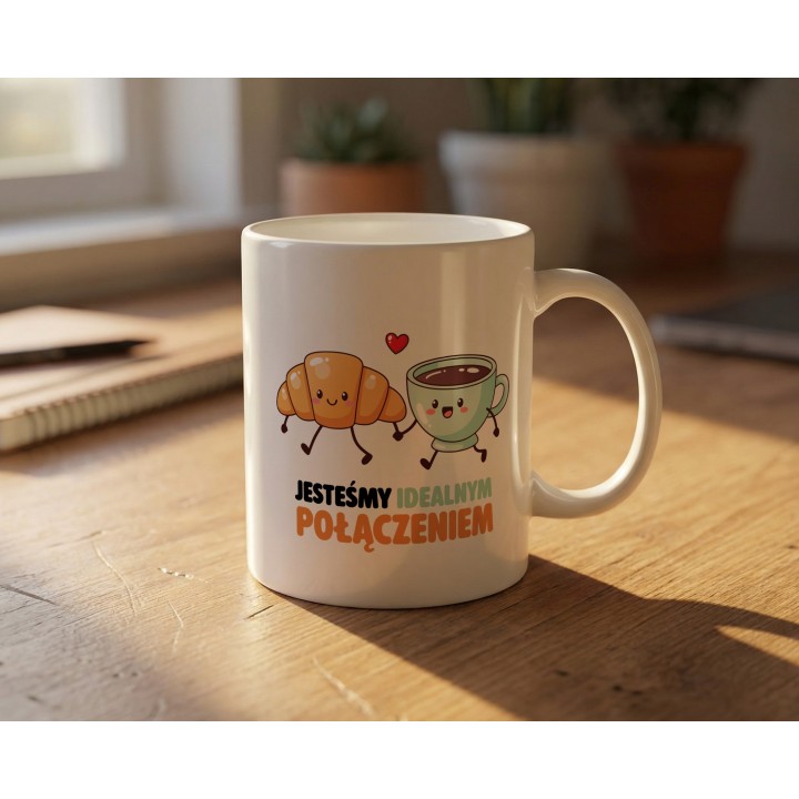 Kubek „Jesteśmy idealnym połączeniem” – kawa i rogalik, prezent dla par