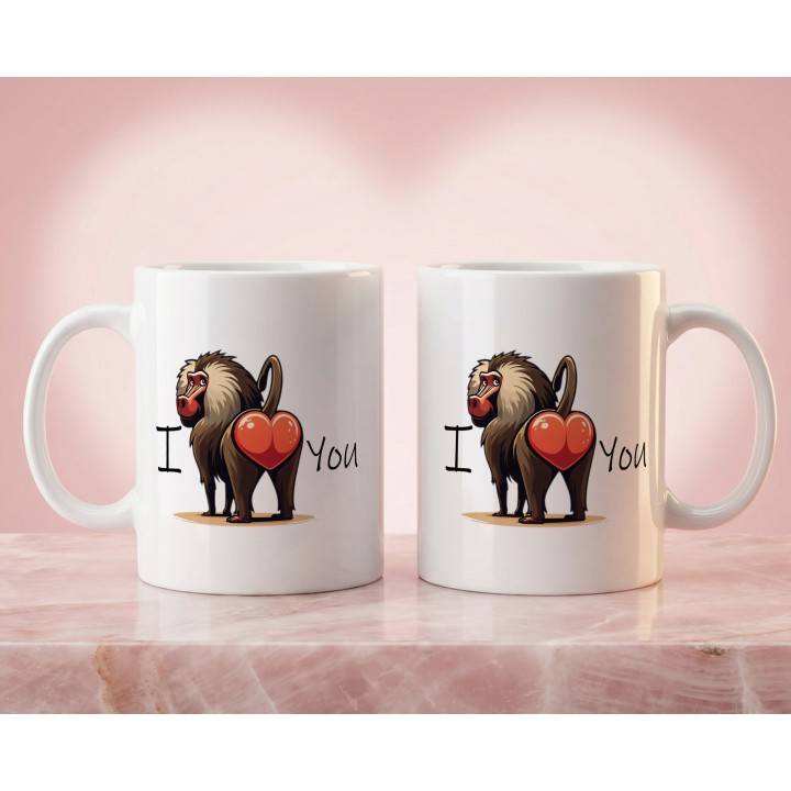 Kubek z nadrukiem „I LOVE You” – zabawna małpa, prezent na Walentynki dla par