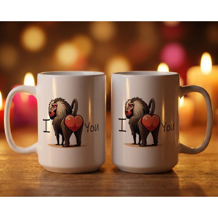 Kubek z nadrukiem „I LOVE You” – zabawna małpa, prezent na Walentynki dla par