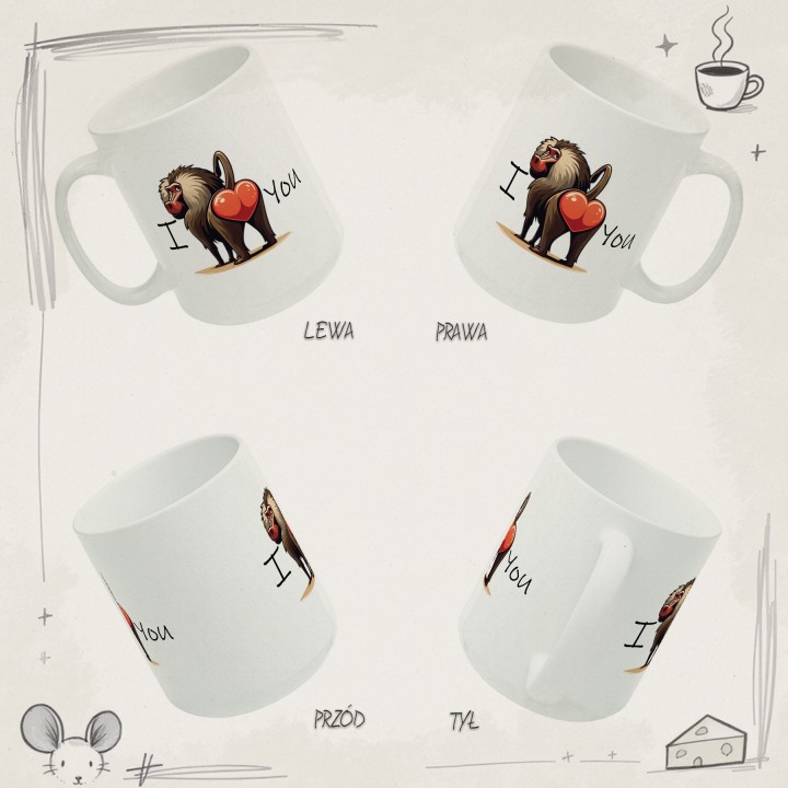Kubek z nadrukiem „I LOVE You” – zabawna małpa, prezent na Walentynki dla par