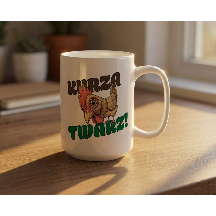 Kubek z nadrukiem „Kurza Twarz!” – śmieszny kubek z kurą do biura i na prezent