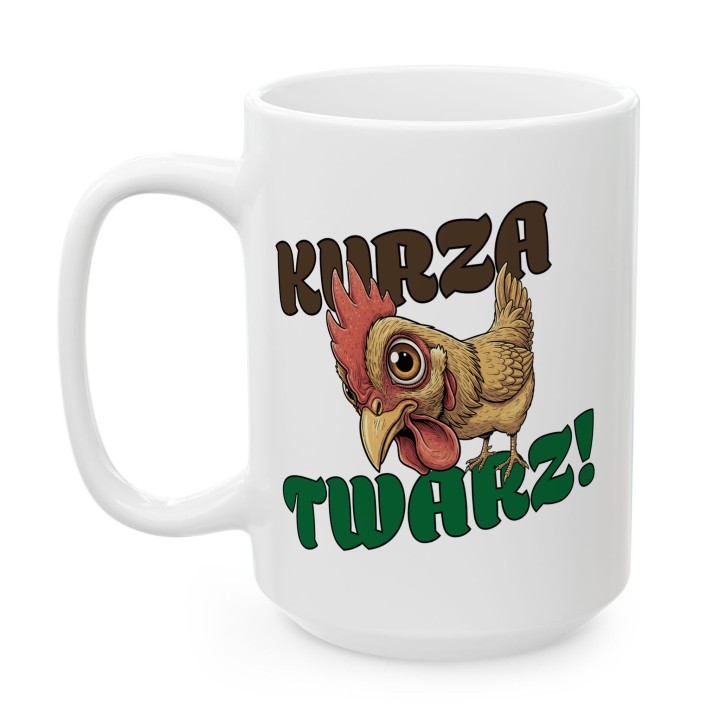 Kubek z nadrukiem „Kurza Twarz!” – śmieszny kubek z kurą do biura i na prezent