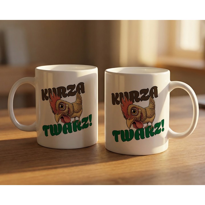 Kubek z nadrukiem „Kurza Twarz!” – śmieszny kubek z kurą do biura i na prezent