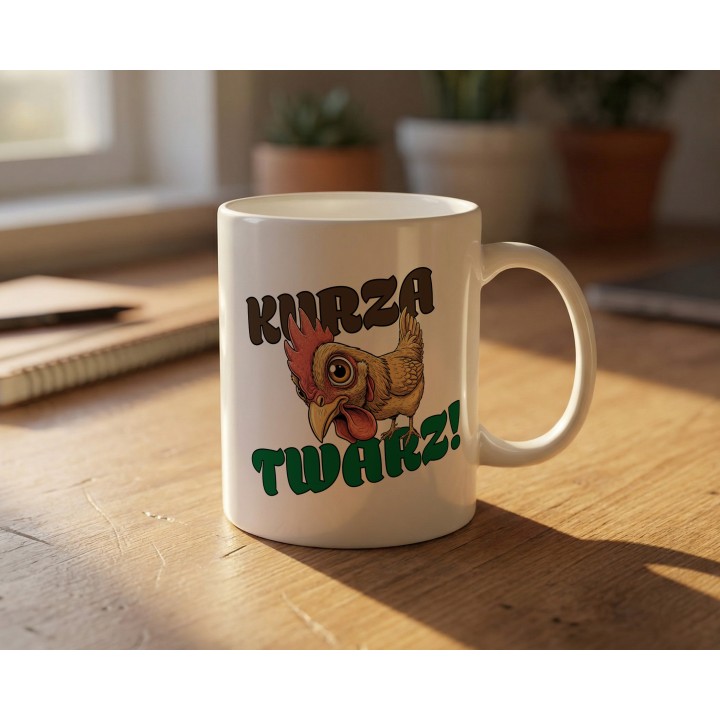 Kubek z nadrukiem „Kurza Twarz!” – śmieszny kubek z kurą do biura i na prezent