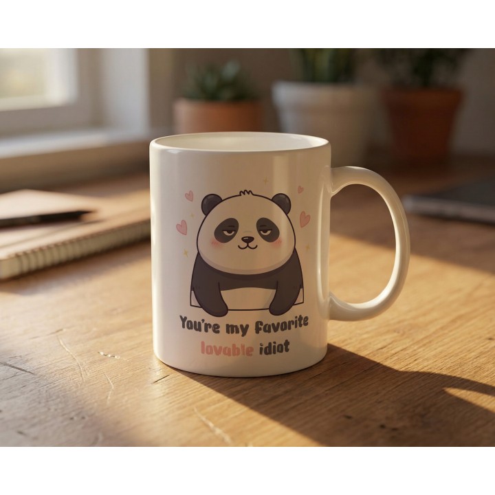 Kubek z nadrukiem panda „You’re my favorite lovable idiot” – zabawny prezent dla pary i przyjaciół