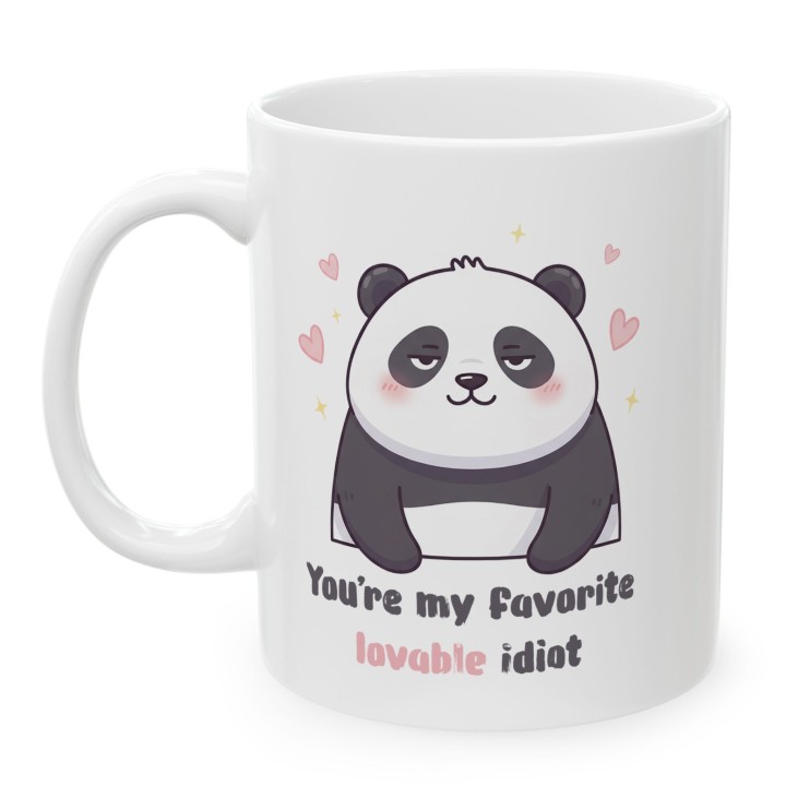 Kubek z nadrukiem panda „You’re my favorite lovable idiot” – zabawny prezent dla pary i przyjaciół