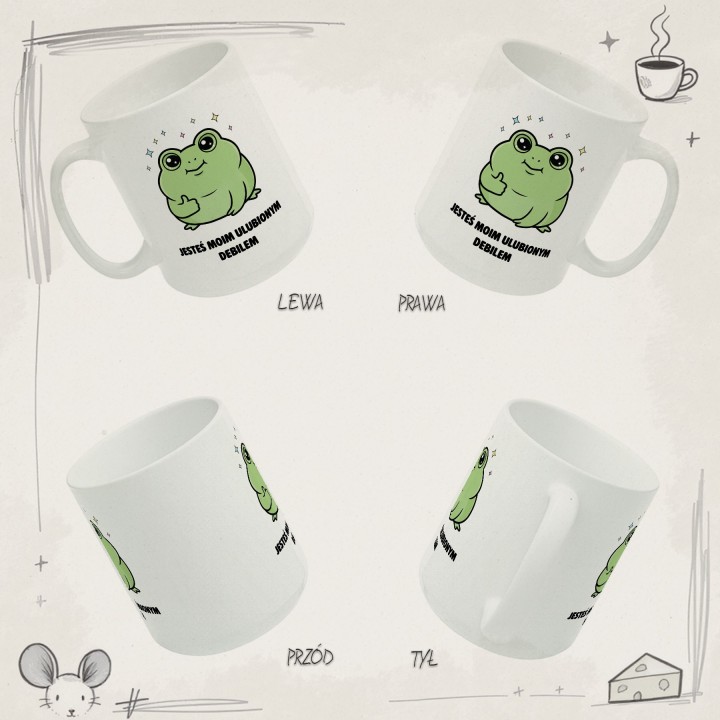 Kubek z nadrukiem „Jesteś moim ulubionym debilem” – kubek z żabką na prezent