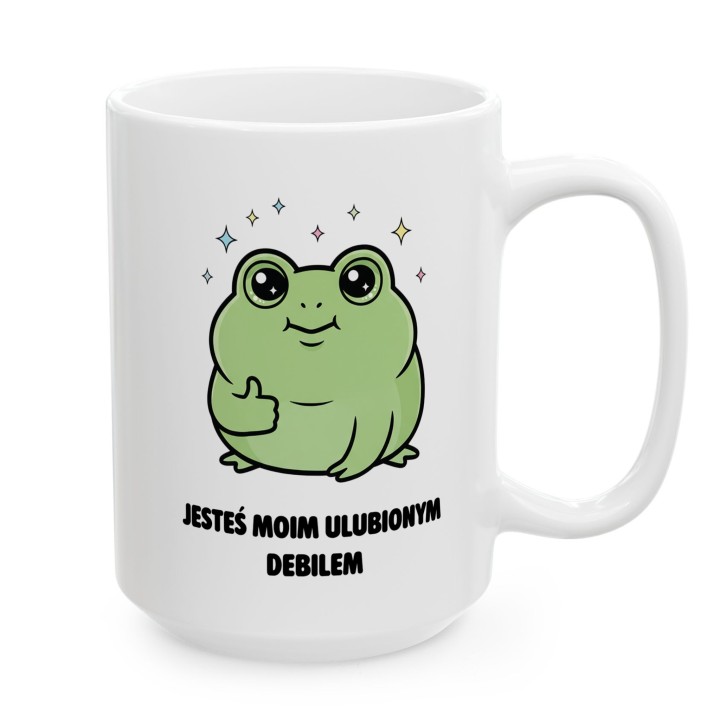 Kubek z nadrukiem „Jesteś moim ulubionym debilem” – kubek z żabką na prezent