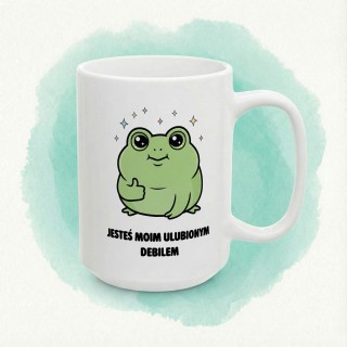 Kubek z nadrukiem „Jesteś moim ulubionym debilem” – kubek z żabką na prezent
