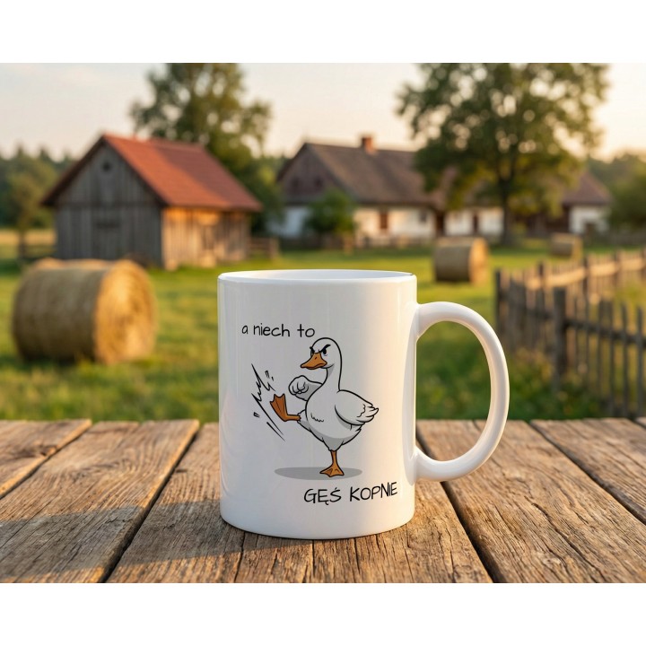 Kubek „A niech to gęś kopnie” – śmieszny kubek z gęsią na prezent