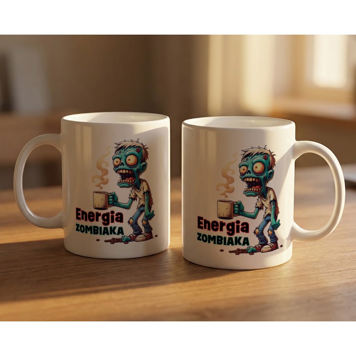 Kubek z nadrukiem „Energia Zombiaka” – śmieszny kubek zombie na kawę
