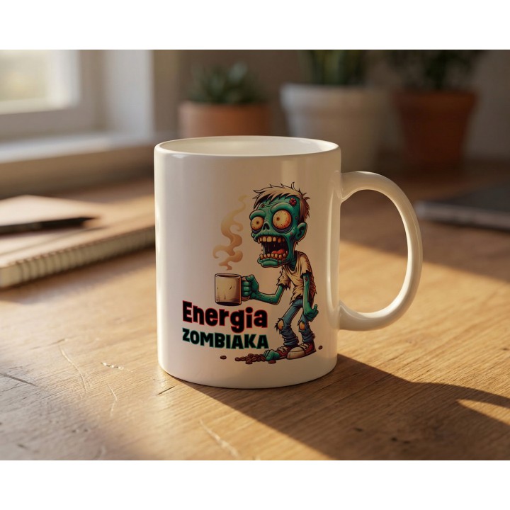 Kubek z nadrukiem „Energia Zombiaka” – śmieszny kubek zombie na kawę
