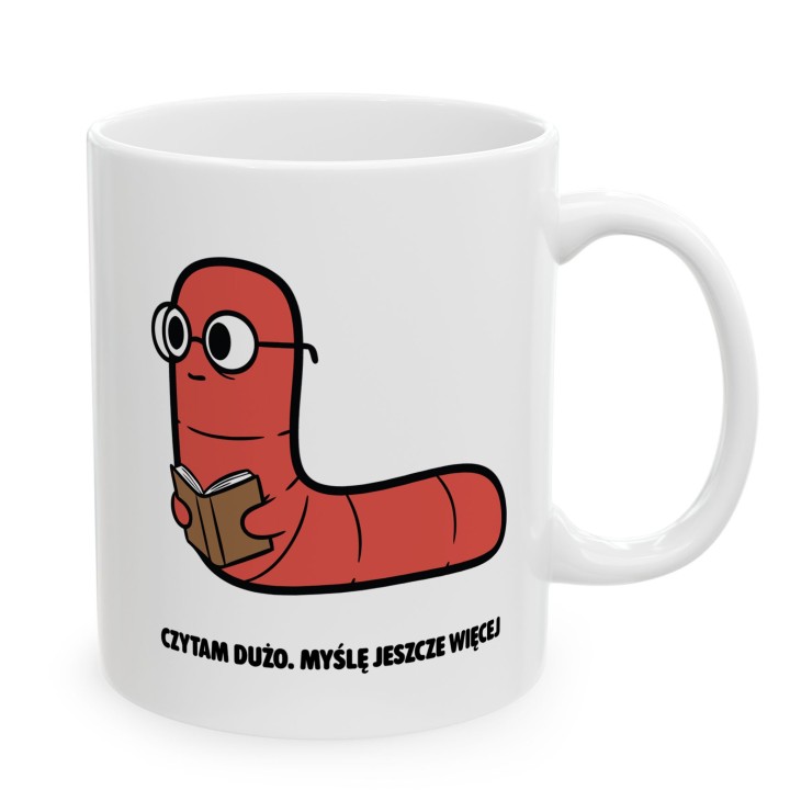 Kubek z nadrukiem „Czytam dużo. Myślę jeszcze więcej” | Robacze Życie | dla fanów literatury i analizowania