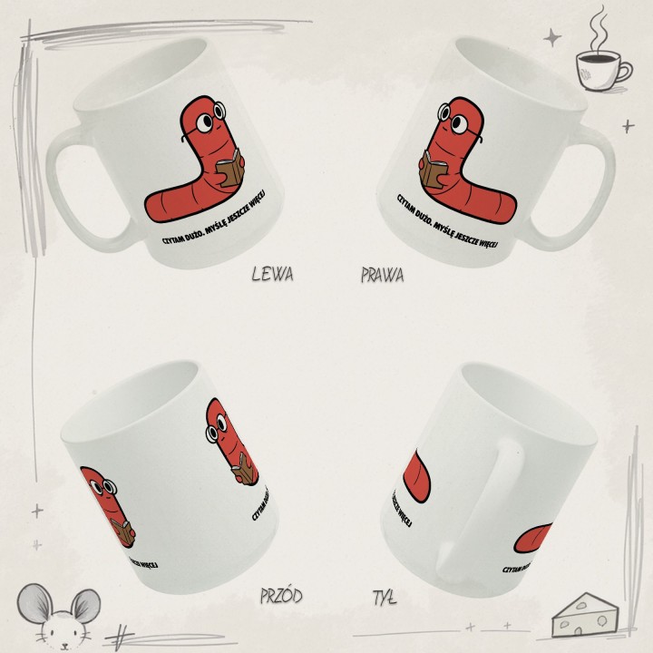 Kubek z nadrukiem „Czytam dużo. Myślę jeszcze więcej” | Robacze Życie | dla fanów literatury i analizowania