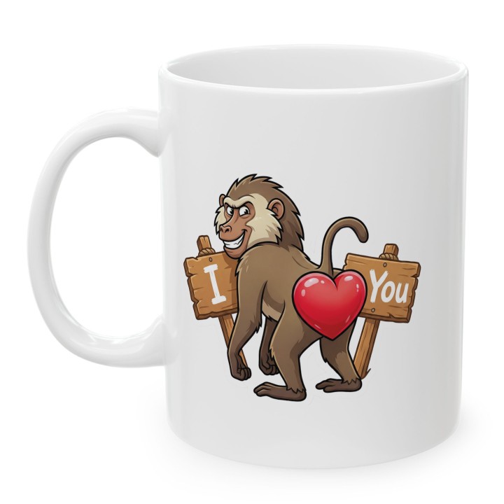 Kubek z nadrukiem „I ❤️ You” z małpą pawianem | Śmieszny prezent dla par
