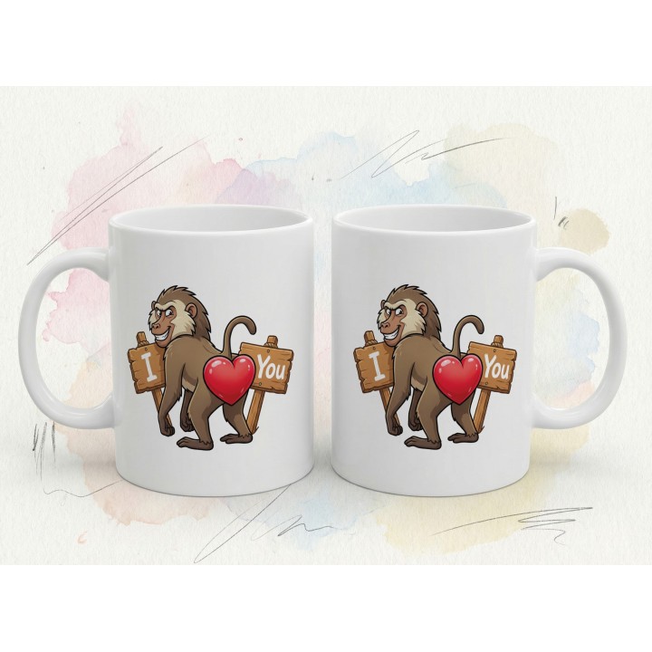 Kubek z nadrukiem „I ❤️ You” z małpą pawianem | Śmieszny prezent dla par