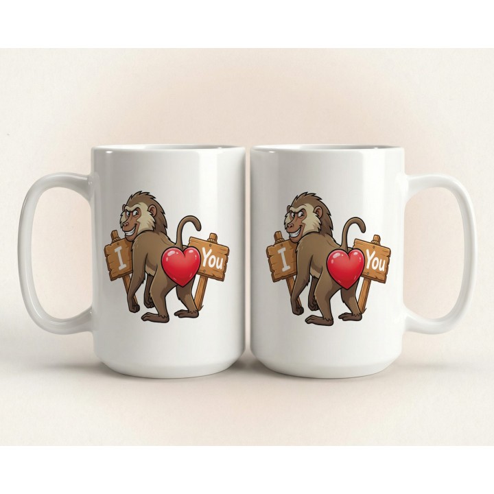 Kubek z nadrukiem „I ❤️ You” z małpą pawianem | Śmieszny prezent dla par