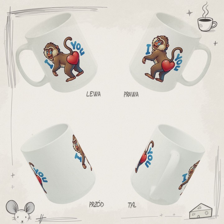 Kubek z nadrukiem małpki „I ❤️ You” — zabawny prezent dla zakochanych