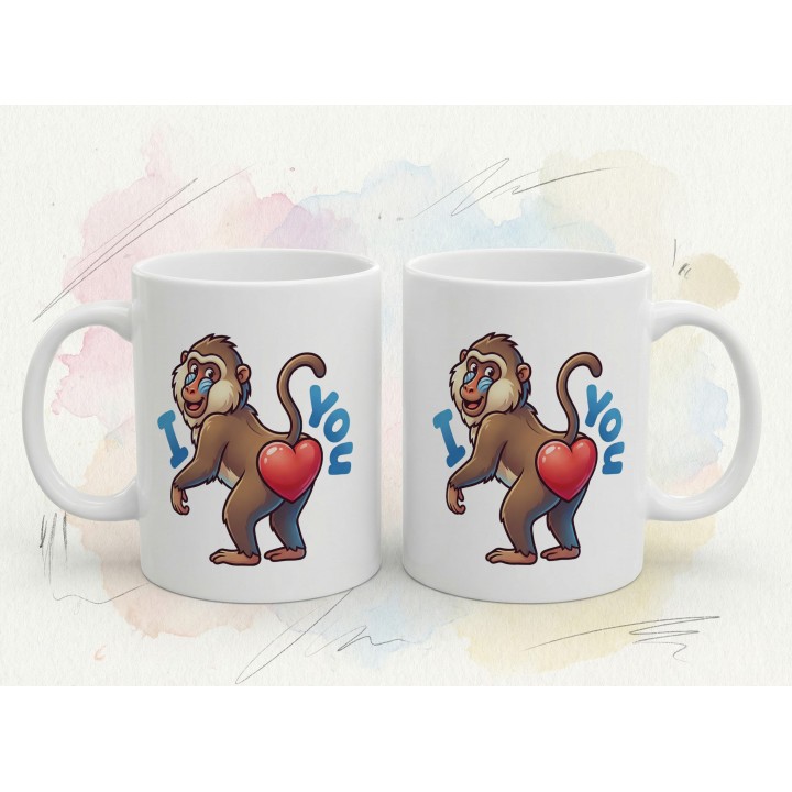 Kubek z nadrukiem małpki „I ❤️ You” — zabawny prezent dla zakochanych