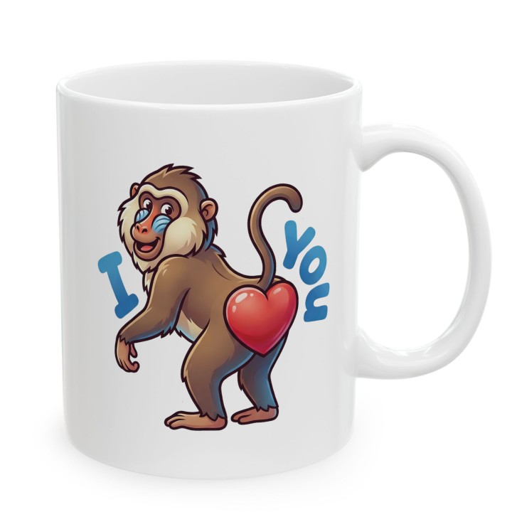 Kubek z nadrukiem małpki „I ❤️ You” — zabawny prezent dla zakochanych