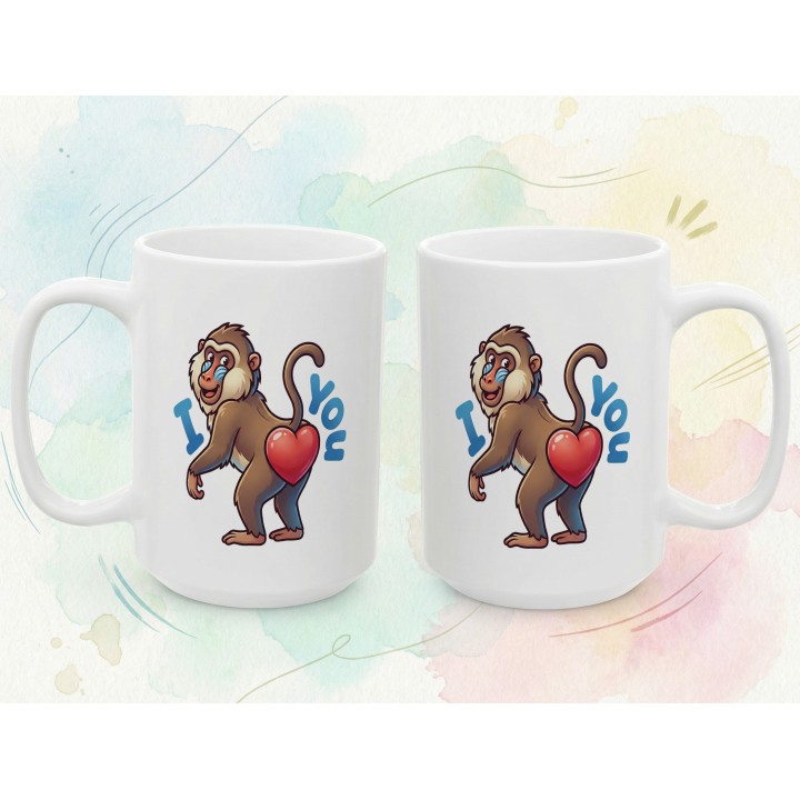 Kubek z nadrukiem małpki „I ❤️ You” — zabawny prezent dla zakochanych