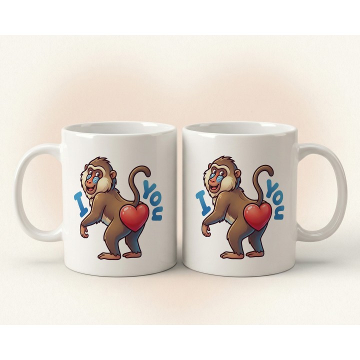 Kubek z nadrukiem małpki „I ❤️ You” — zabawny prezent dla zakochanych