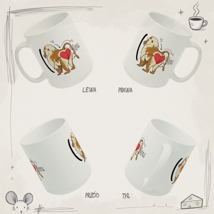 Kubek z nadrukiem „I ❤️ You” z pawianem — śmieszny prezent dla par