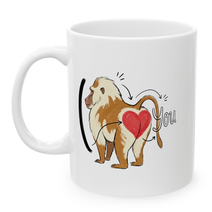 Kubek z nadrukiem „I ❤️ You” z pawianem — śmieszny prezent dla par