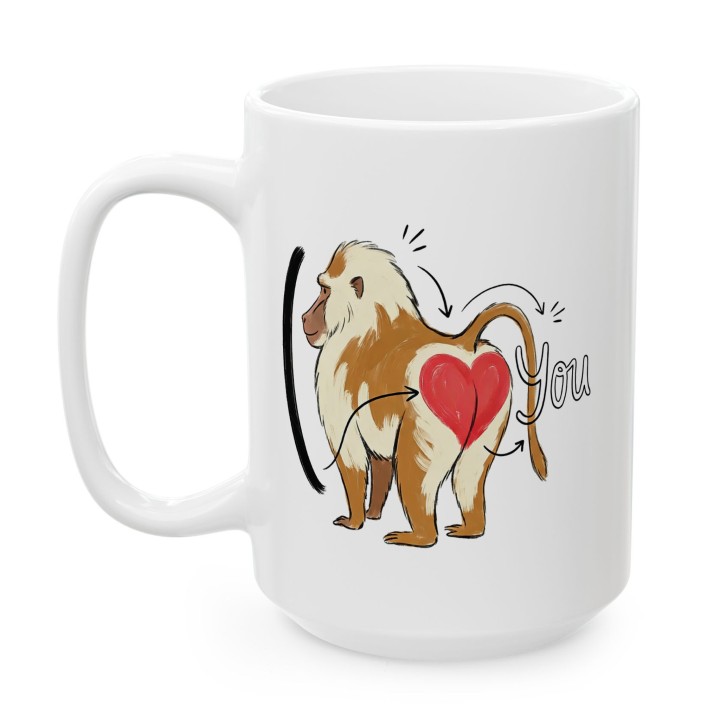 Kubek z nadrukiem „I ❤️ You” z pawianem — śmieszny prezent dla par