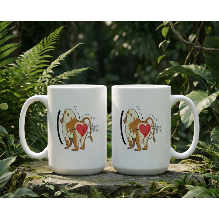 Kubek z nadrukiem „I ❤️ You” z pawianem — śmieszny prezent dla par
