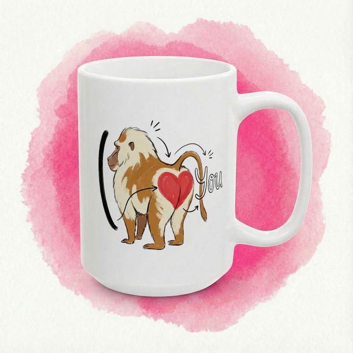 Kubek z nadrukiem „I ❤️ You” z pawianem — śmieszny prezent dla par