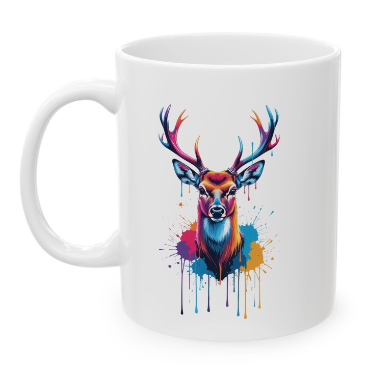 Kubek ceramiczny z nadrukiem jelenia splash art – kolorowy akcent na biurko i prezent