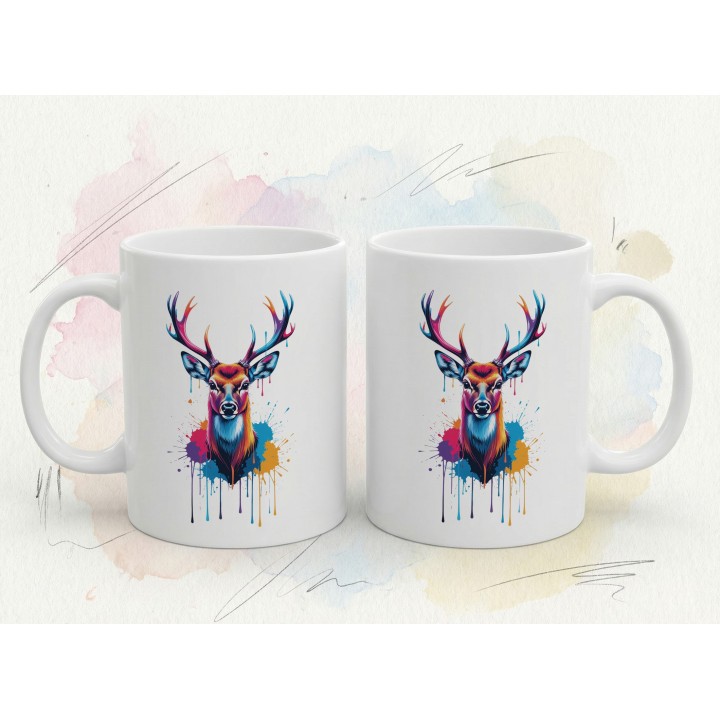 Kubek ceramiczny z nadrukiem jelenia splash art – kolorowy akcent na biurko i prezent