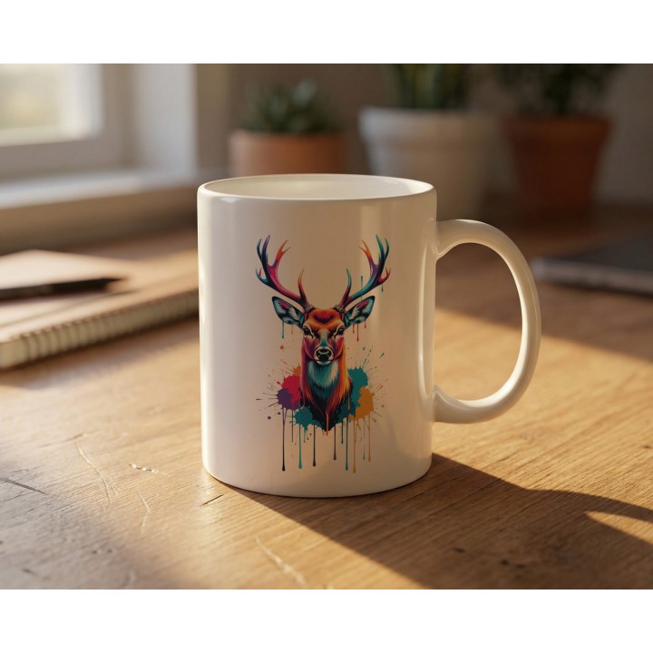 Kubek ceramiczny z nadrukiem jelenia splash art – kolorowy akcent na biurko i prezent