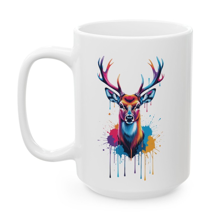 Kubek ceramiczny z nadrukiem jelenia splash art – kolorowy akcent na biurko i prezent