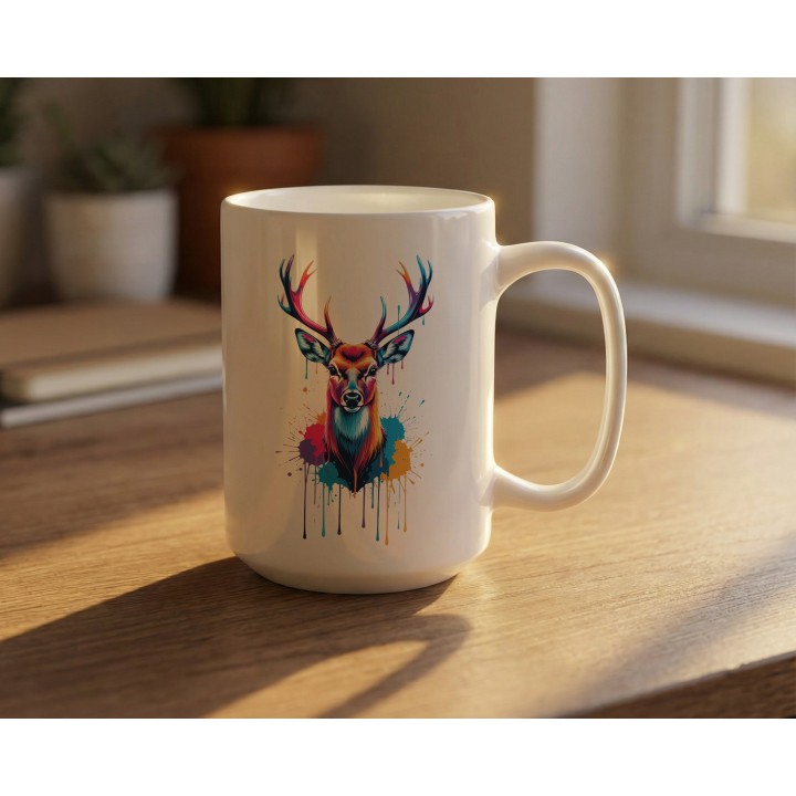Kubek ceramiczny z nadrukiem jelenia splash art – kolorowy akcent na biurko i prezent