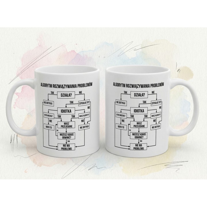 Kubek ceramiczny „Algorytm rozwiązywania problemów” dla niej – gdy coś zepsułam, humor na biurko