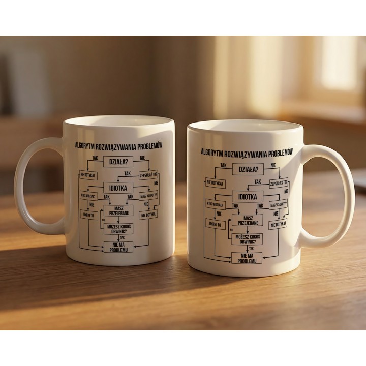 Kubek ceramiczny „Algorytm rozwiązywania problemów” dla niej – gdy coś zepsułam, humor na biurko