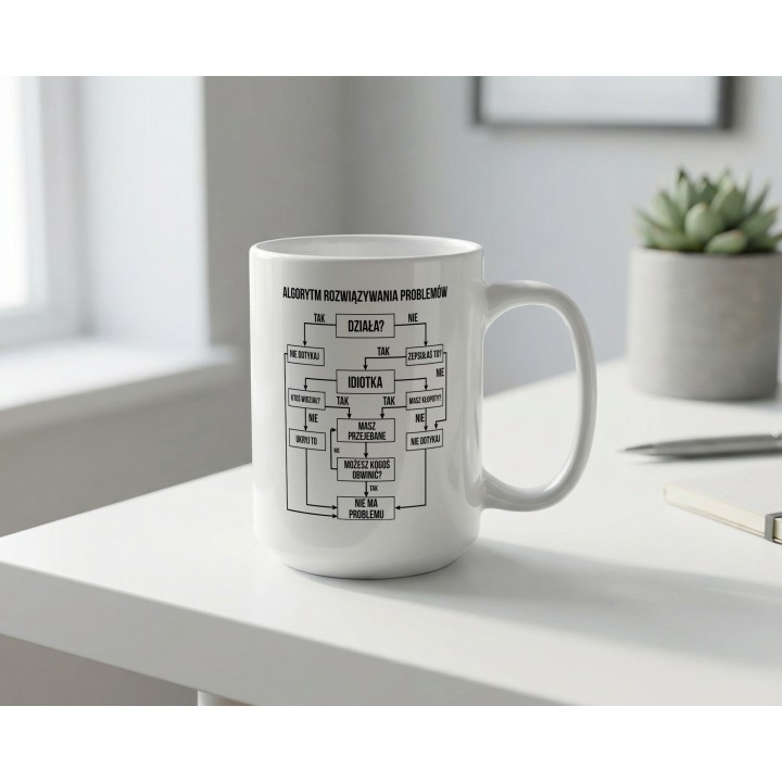 Kubek ceramiczny „Algorytm rozwiązywania problemów” dla niej – gdy coś zepsułam, humor na biurko
