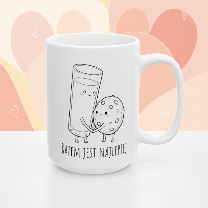 Kubek z nadrukiem „Razem jest najlepiej” – mleko i ciasteczko
