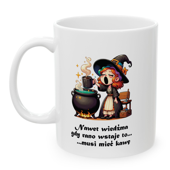 Kubek z nadrukiem wiedźmy i kawy – napis o porankach