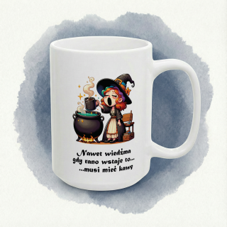 Kubek z nadrukiem wiedźmy i kawy – napis o porankach