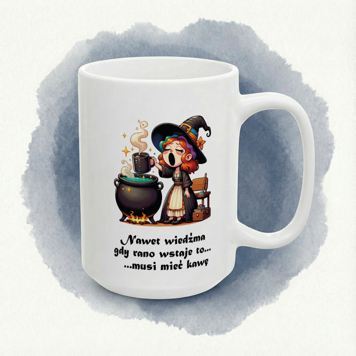 Kubek z nadrukiem wiedźmy i kawy – napis o porankach
