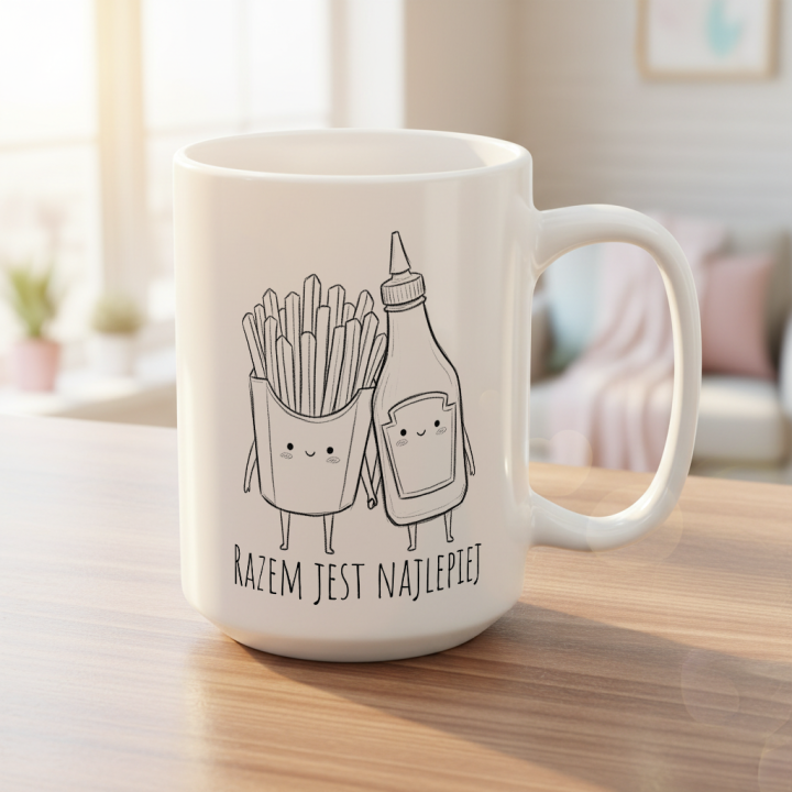 Kubek z napisem „Razem jest najlepiej” – frytki i ketchup