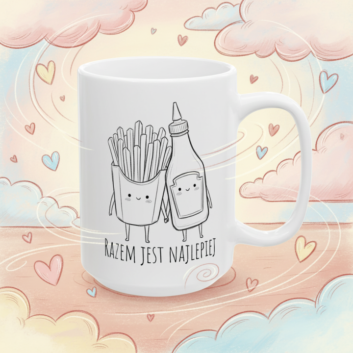 Kubek z napisem „Razem jest najlepiej” – frytki i ketchup